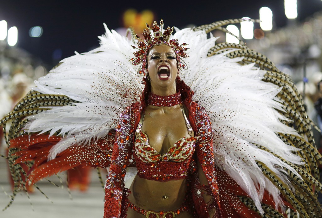 A reveller from the Alegria da Zona Sul samba school takes part in the Group A category of the annual Carnival parade in Rio de Janeiro's Sambadrome